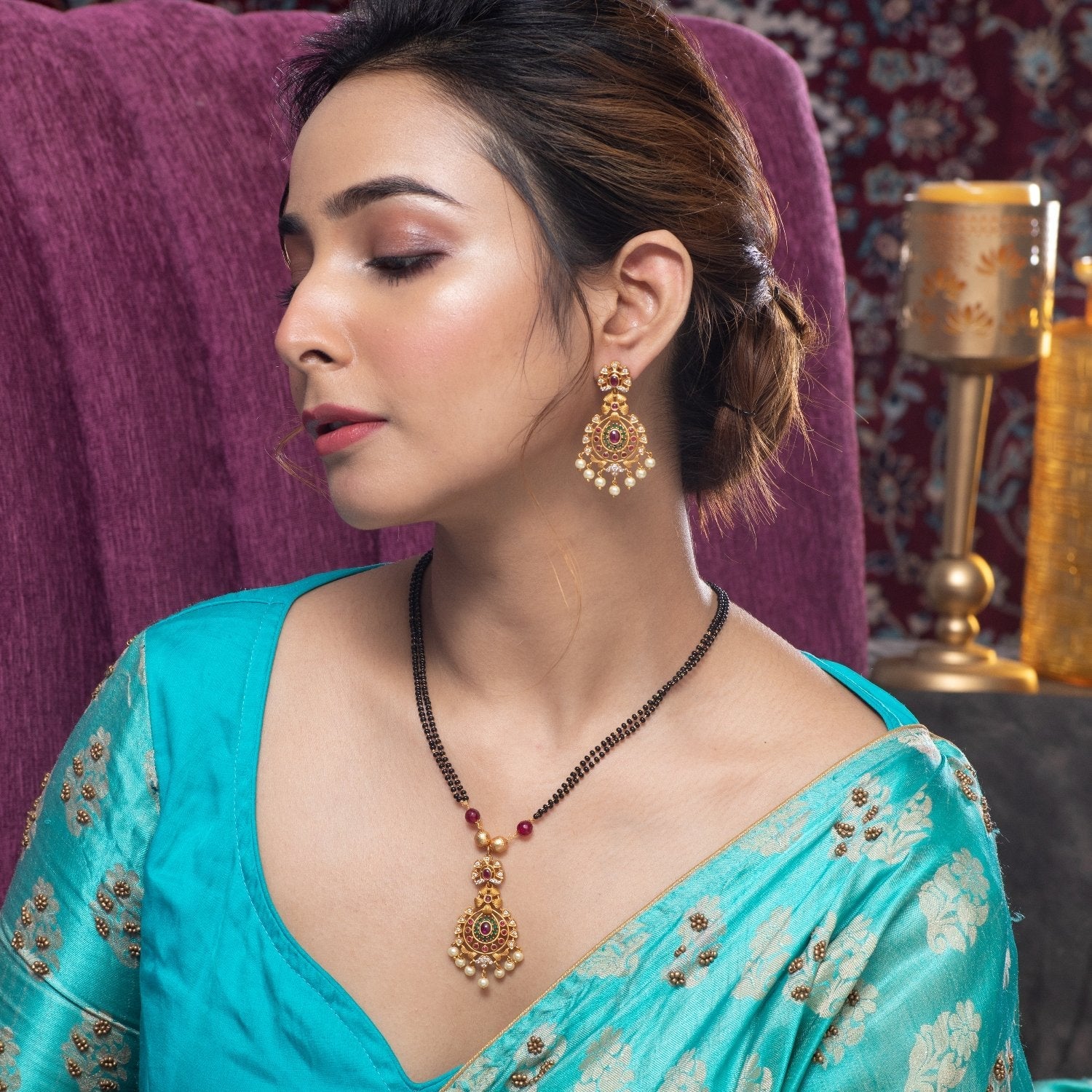 Pooja Bangles Gold Plated Kundan Stone & Beads Necklace Set